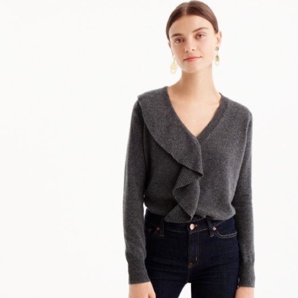 J. Crew Charcoal Gray V-Neck Ruffle Sweater
